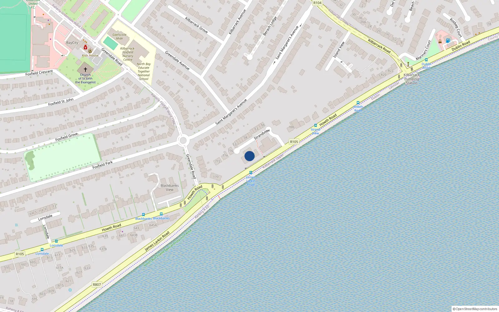Overhead map showing the location of Apt 35 Strand View, Howth Road, Dublin 5