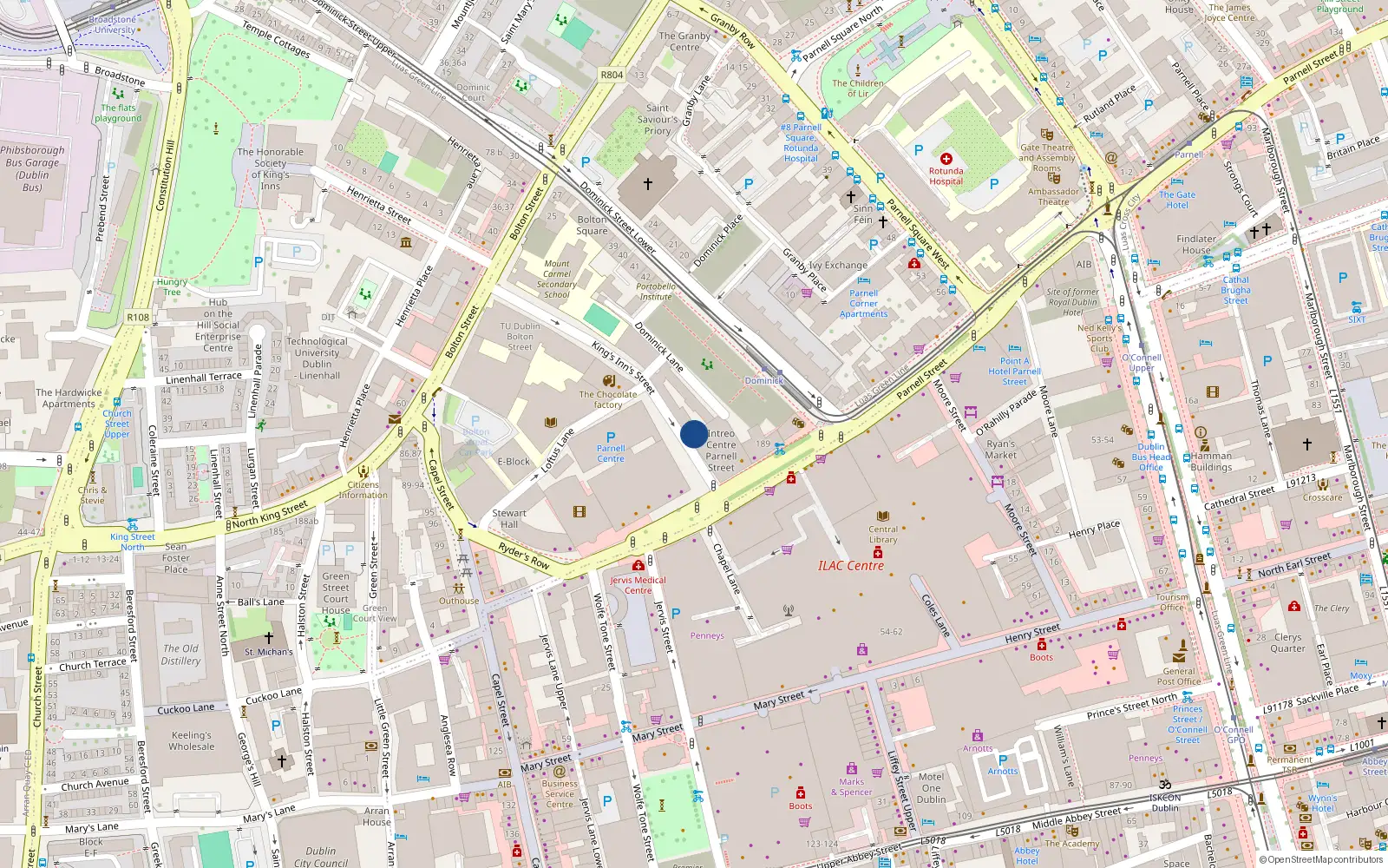 Overhead map showing the location of Apt 36, 16 Kings Inns St, Dublin 1