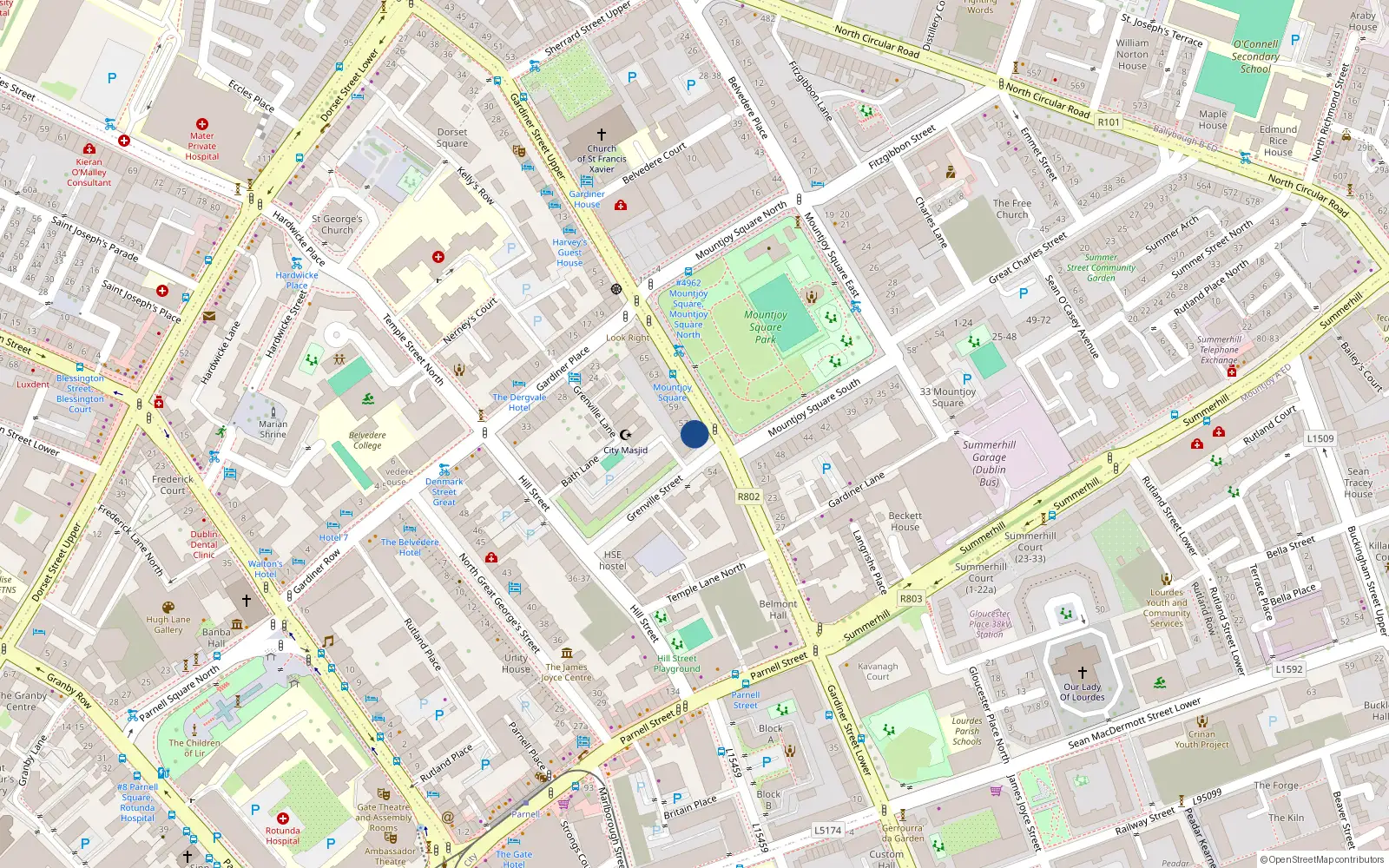 Overhead map showing the location of Apt 36, 55 Mountjoy Square, Dublin 1