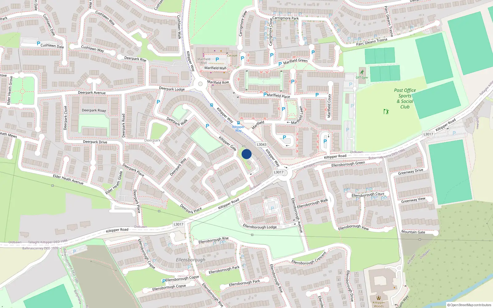 Overhead map showing the location of Apt 39 Kiltipper Gate, 39 Kiltipper Gate, Tallaght