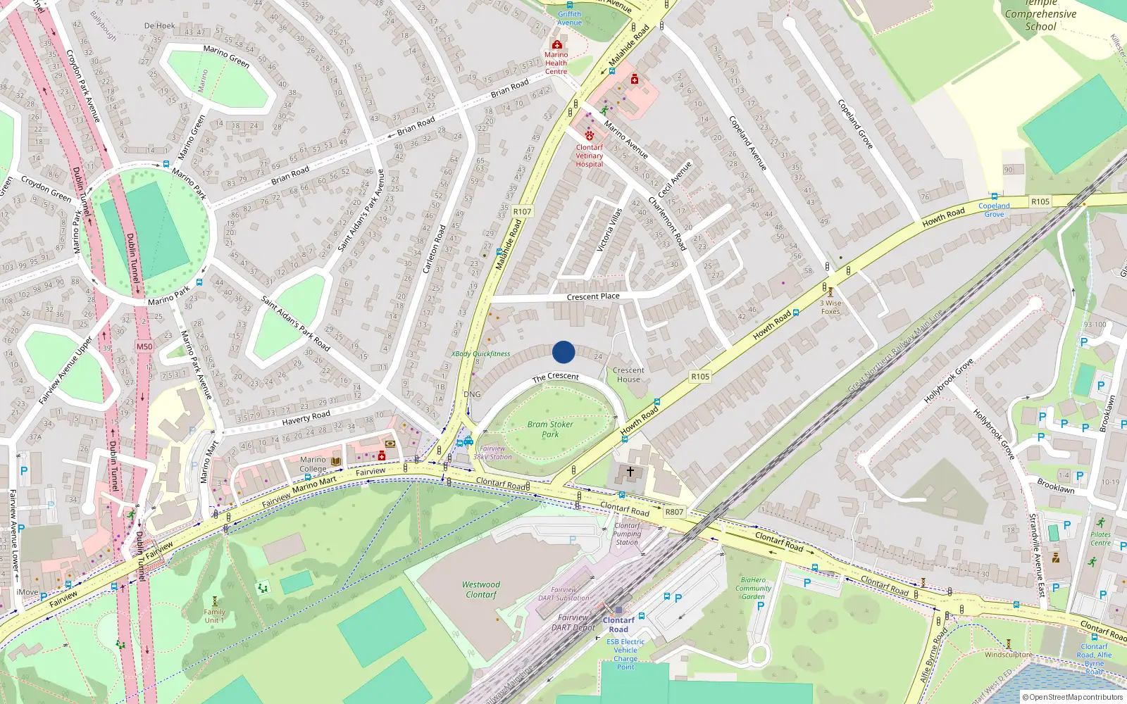 Overhead map showing the location of Apt 4, 18 Marino Crescent, Dublin 3