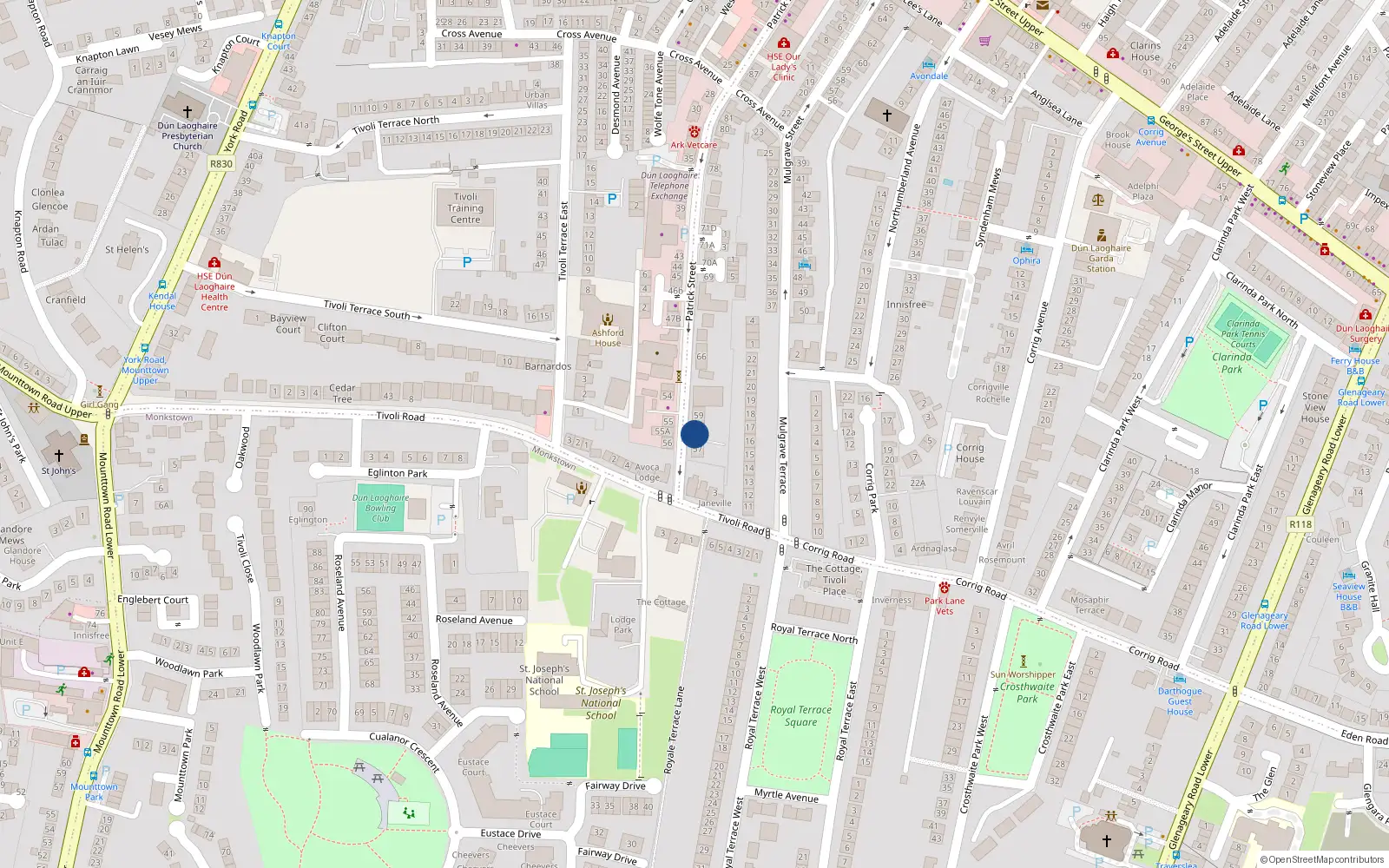 Overhead map showing the location of Apt 4, 58 Patrick St, Dun Laoghaire