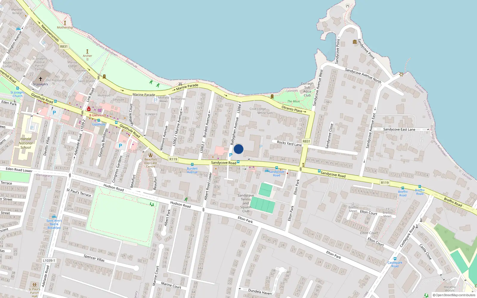 Overhead map showing the location of Apt 4 Gowran Hall, Ballygihen Avenue, Sandycove