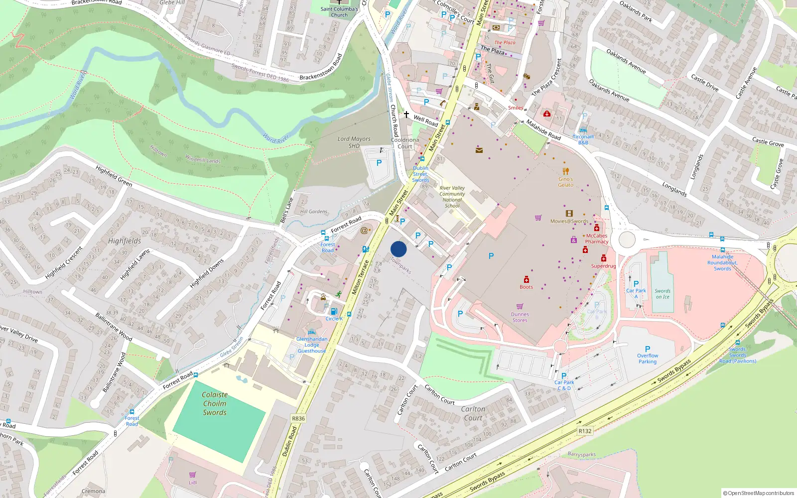 Overhead map showing the location of Apt 40 Cooldriona Court, Swords, 11 Dublin Road, Swords