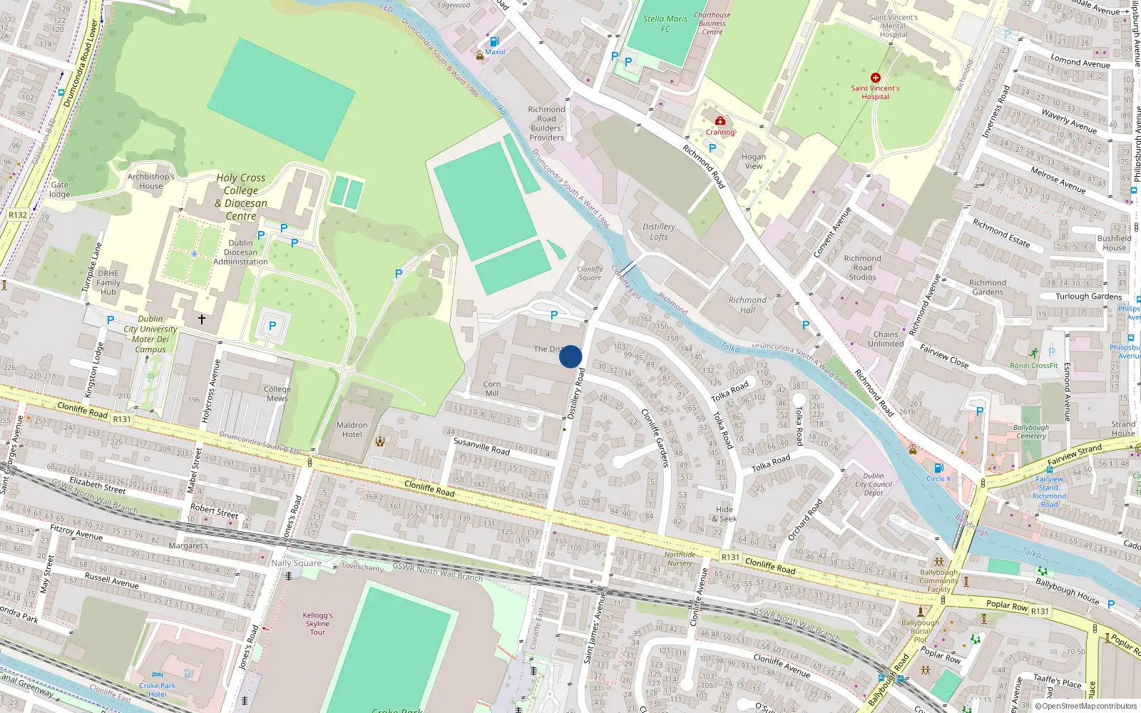 Overhead map showing the location of Apt 408 the Distillery, Unit 2 Distillery Road, Dublin 3