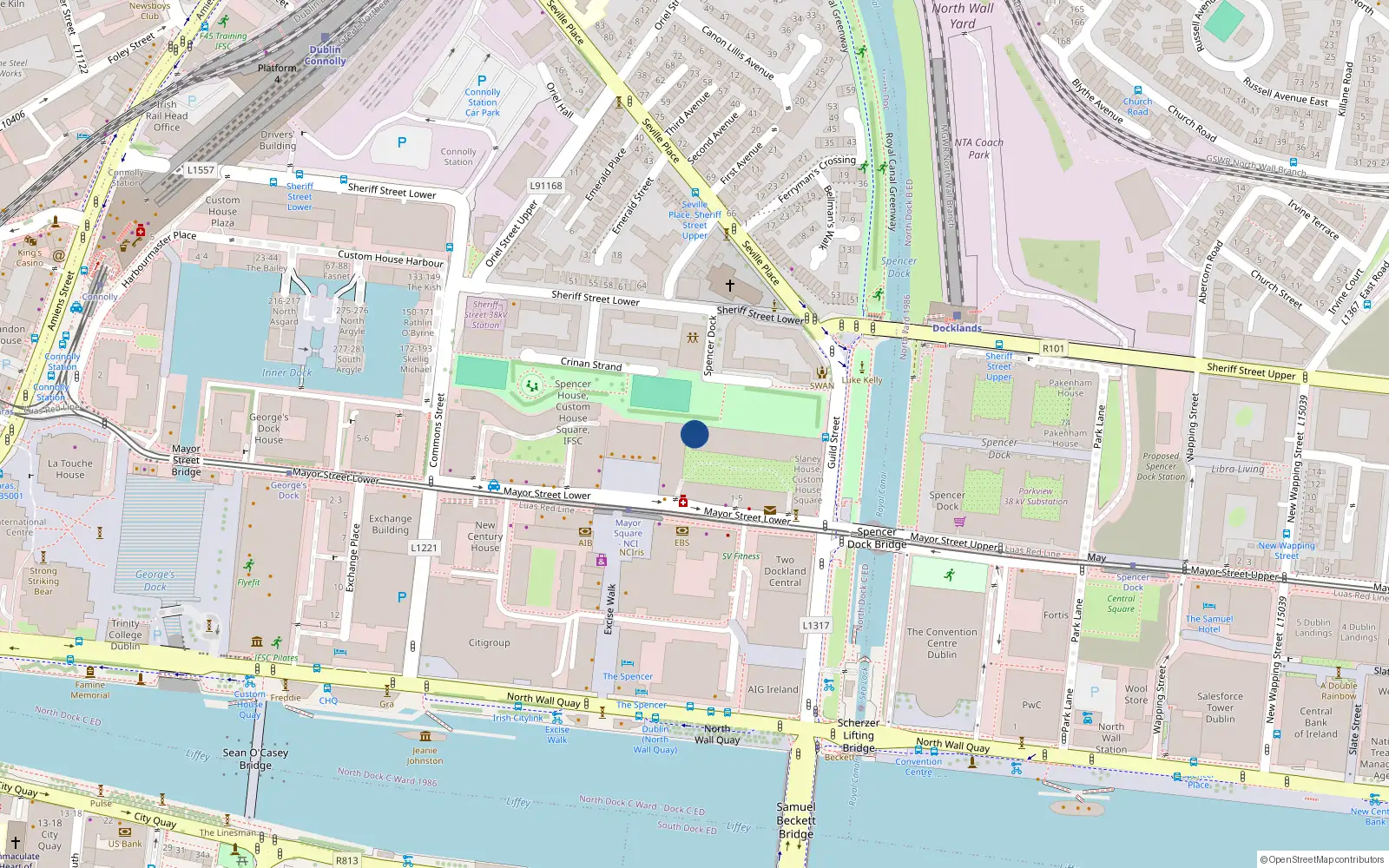 Overhead map showing the location of Apt 43, Aran House, Custom House Square