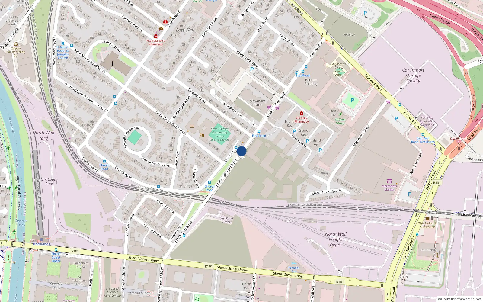 Overhead map showing the location of Apt 45 Canon Hall, East Road, Dublin 3