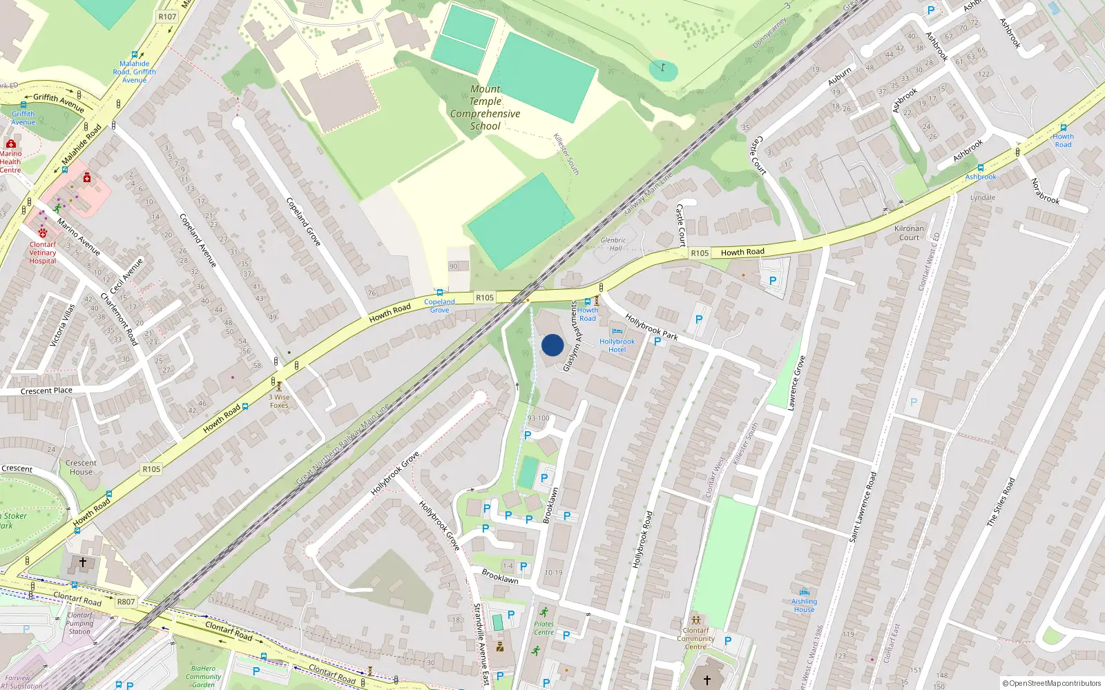 Overhead map showing the location of Apt 45, Glaslyn, Howth Road Dublin 3