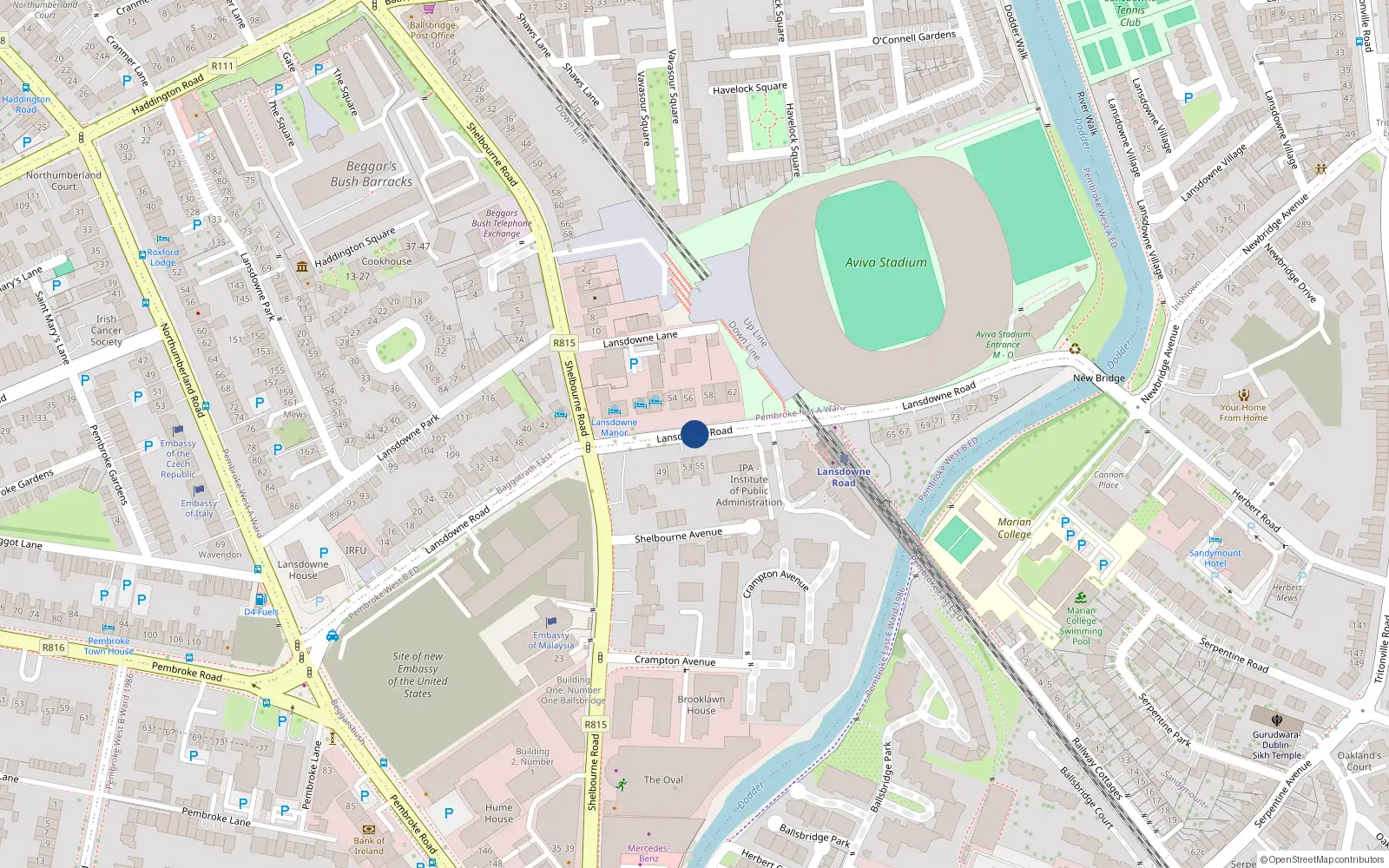 Overhead map showing the location of Apt 45 Lansdowne Wood, 45 Lansdowne Road, Ballsbridge