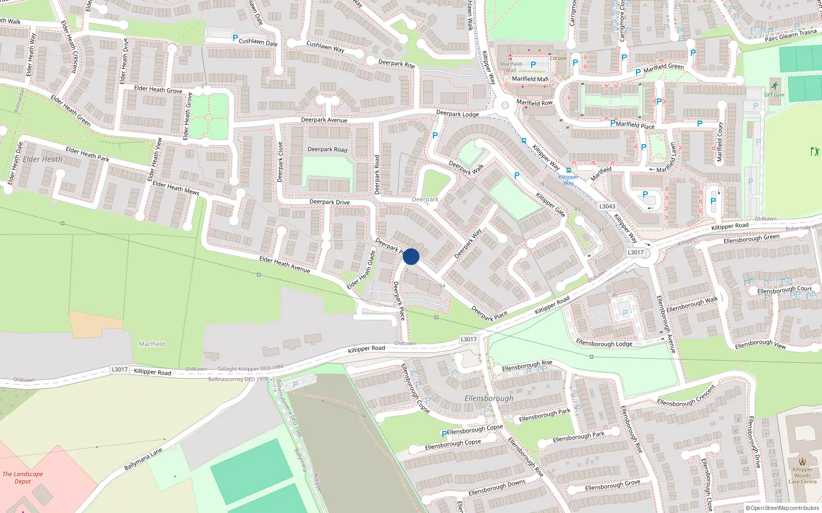Overhead map showing the location of Apt 48 Deerpark Place, Kiltipper, 48 Deerpark Place, Tallaght