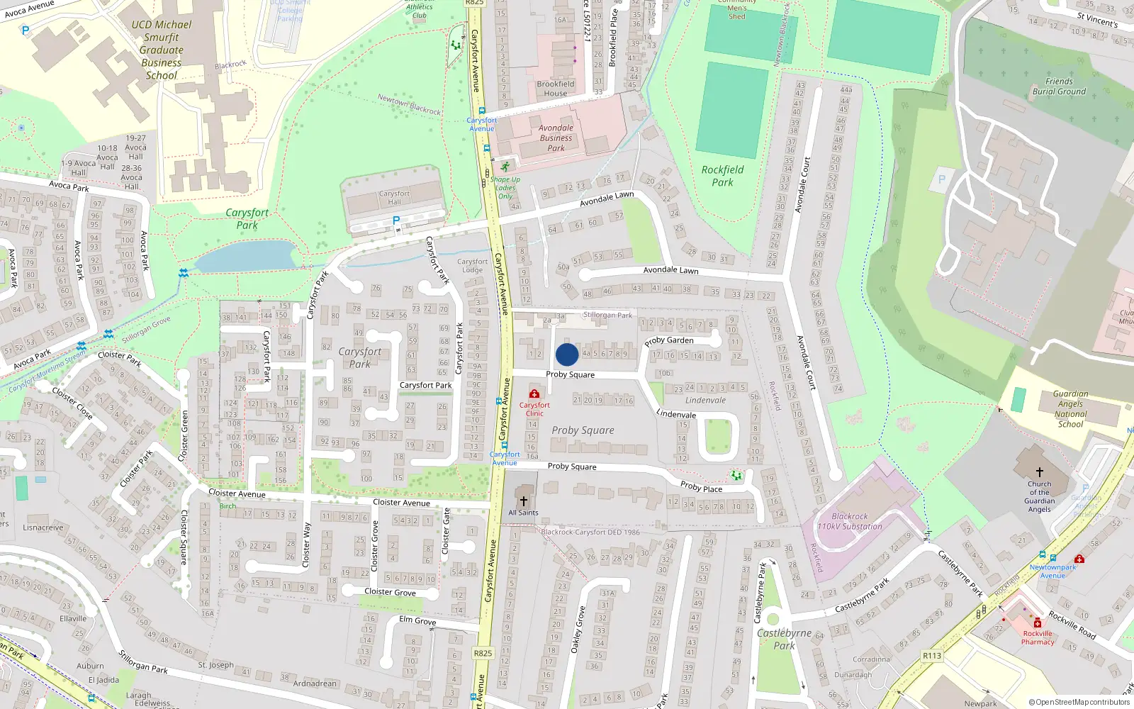 Overhead map showing the location of Apt 5, 3 Proby Square, Blackrock