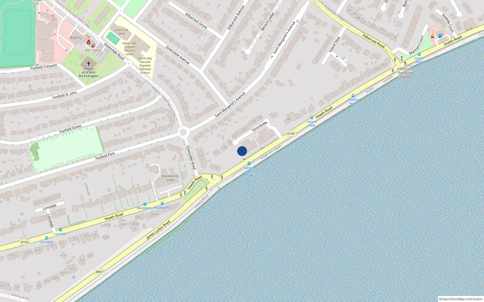 Overhead map showing the location of Apt 50 Strand View, Howth Road, Dublin 5