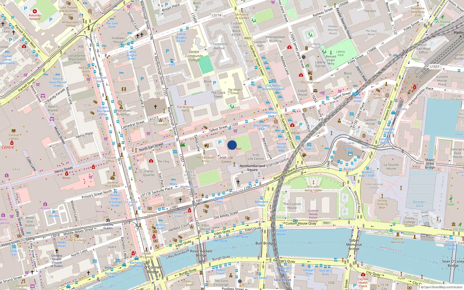 Overhead map showing the location of Apt 505 Talbot Hall, Irish Life Centre, 1 Talbot Street, Dublin 1