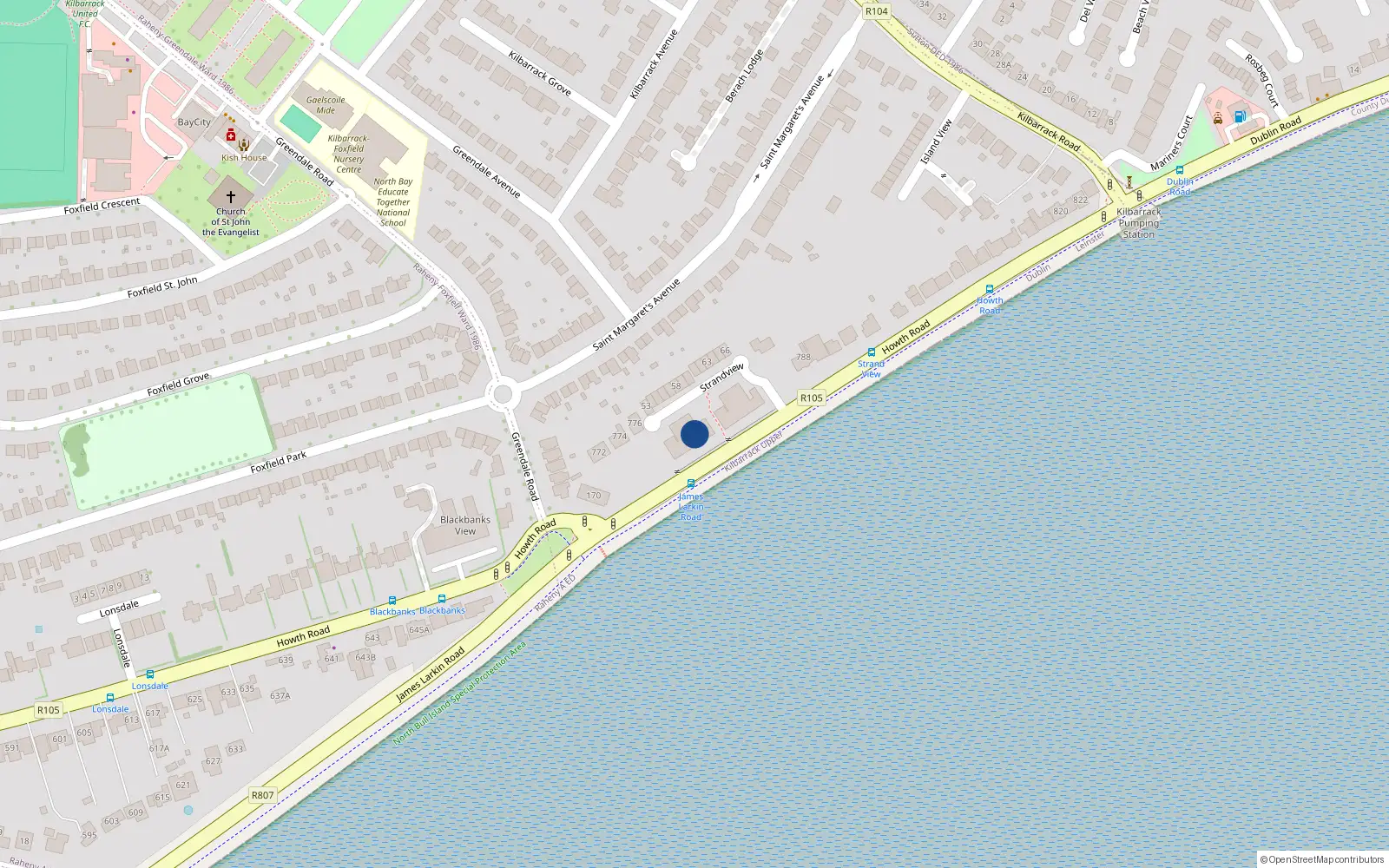 Overhead map showing the location of Apt 52 Strand View, Howth Road, Dublin 5