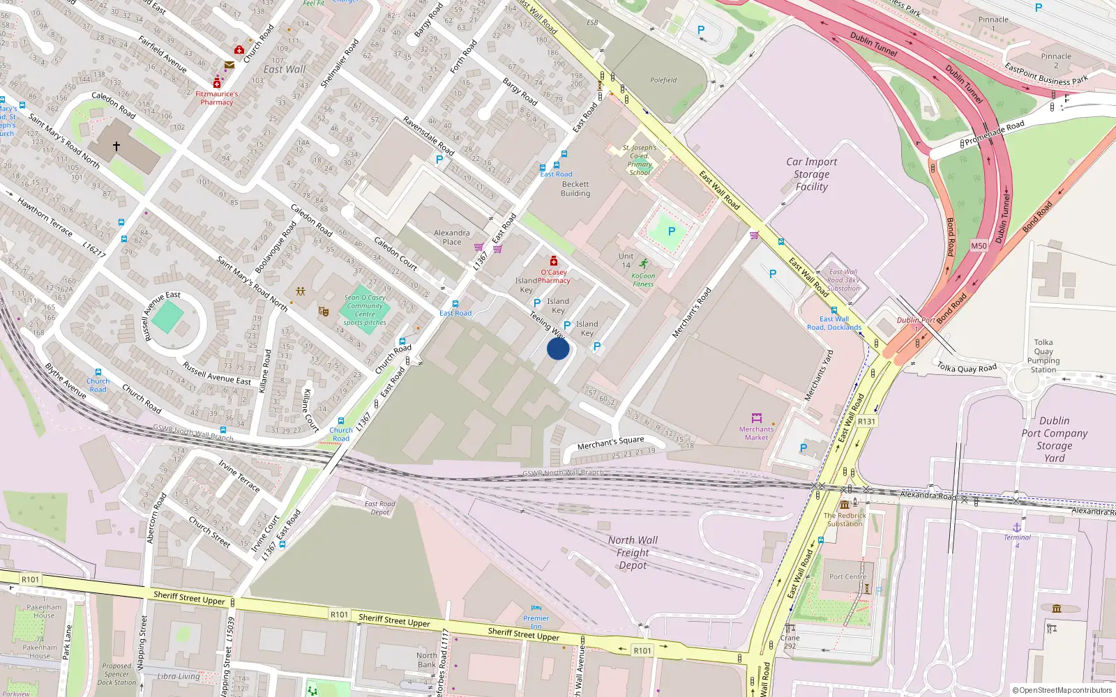 Overhead map showing the location of Apt 54 Teeling Way, East Road East Wall, Dublin 3