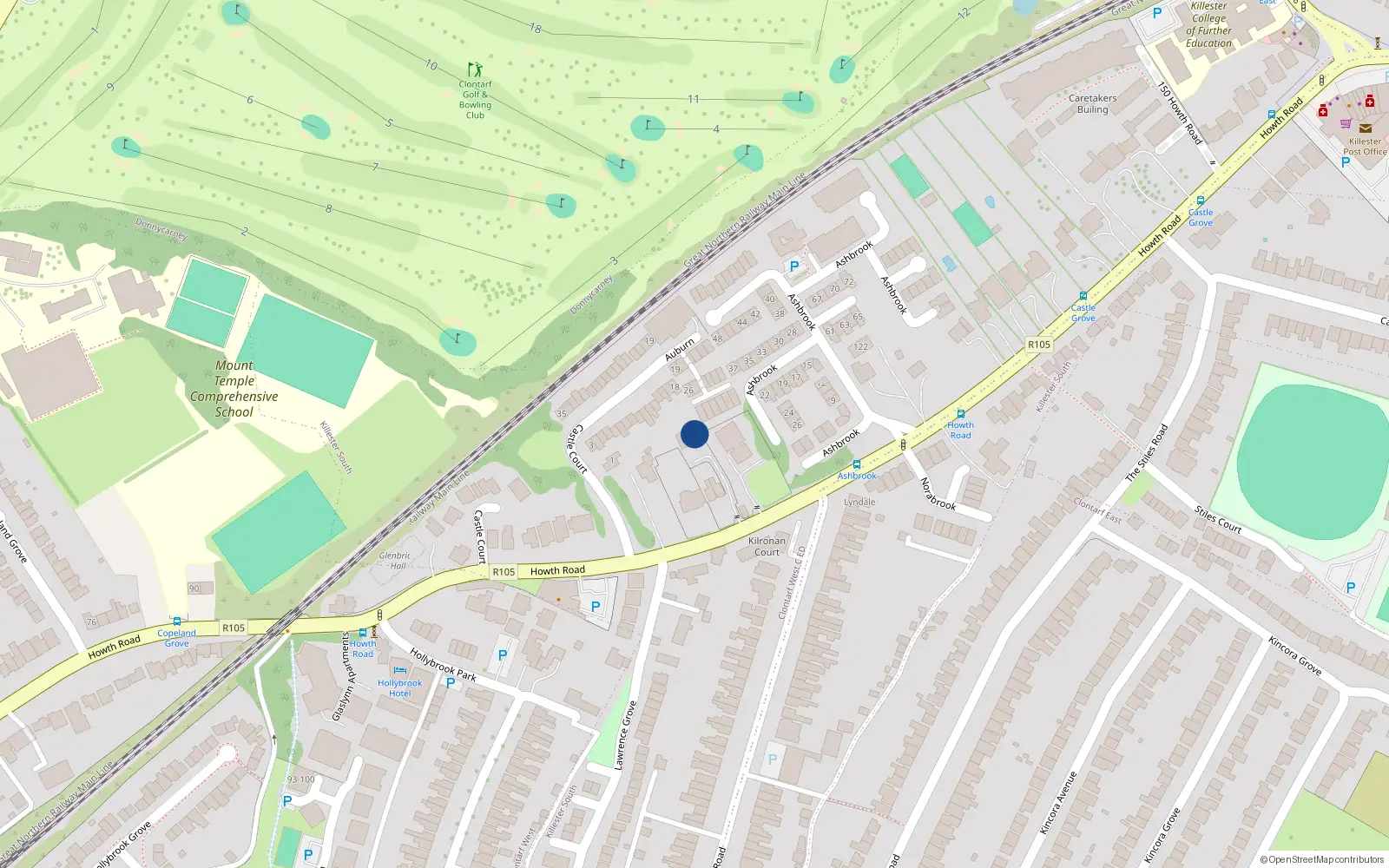 Overhead map showing the location of Apt 57 69 74 77 78 96 Glaslynn, 3 Howth Road, Dublin 3