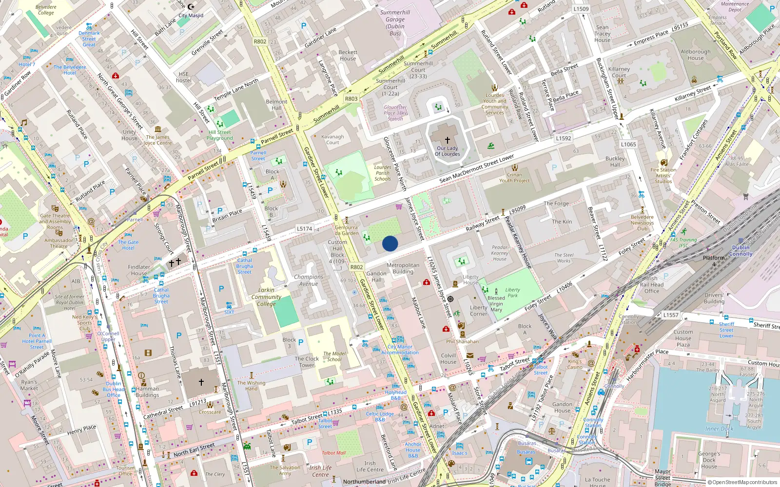 Overhead map showing the location of Apt 6 Gloucester Square, Railway Street, Dublin 1