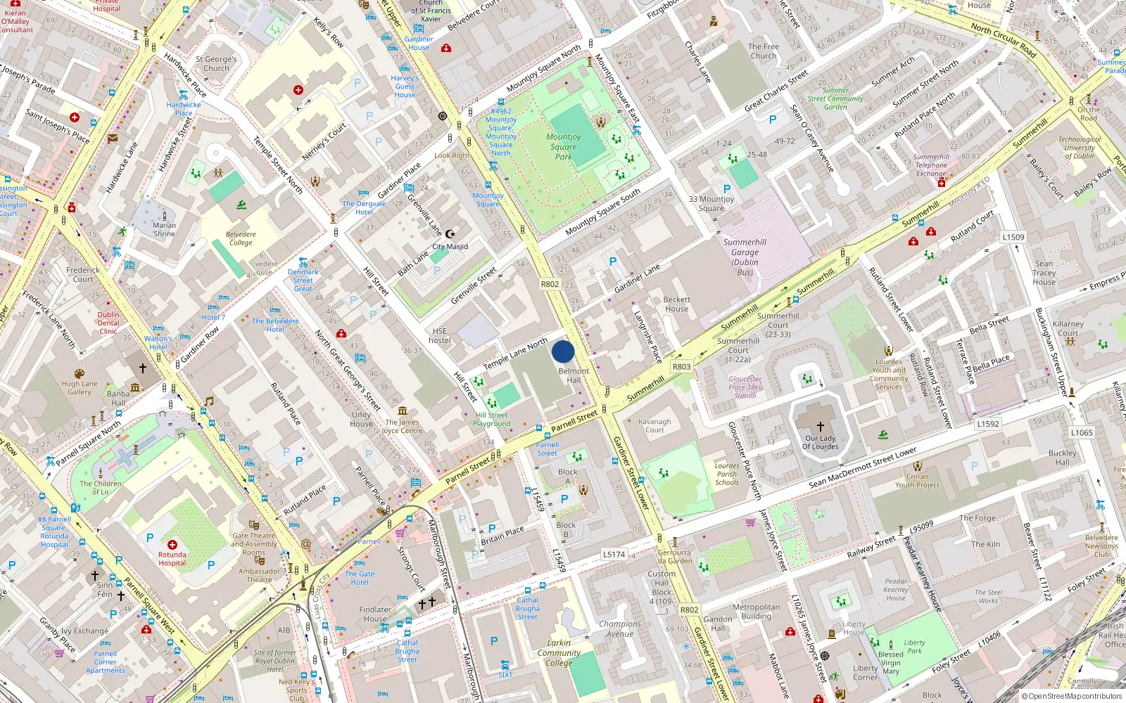 Overhead map showing the location of Apt 60 Belmont Hall, Middle Gardiner St, Dublin 1