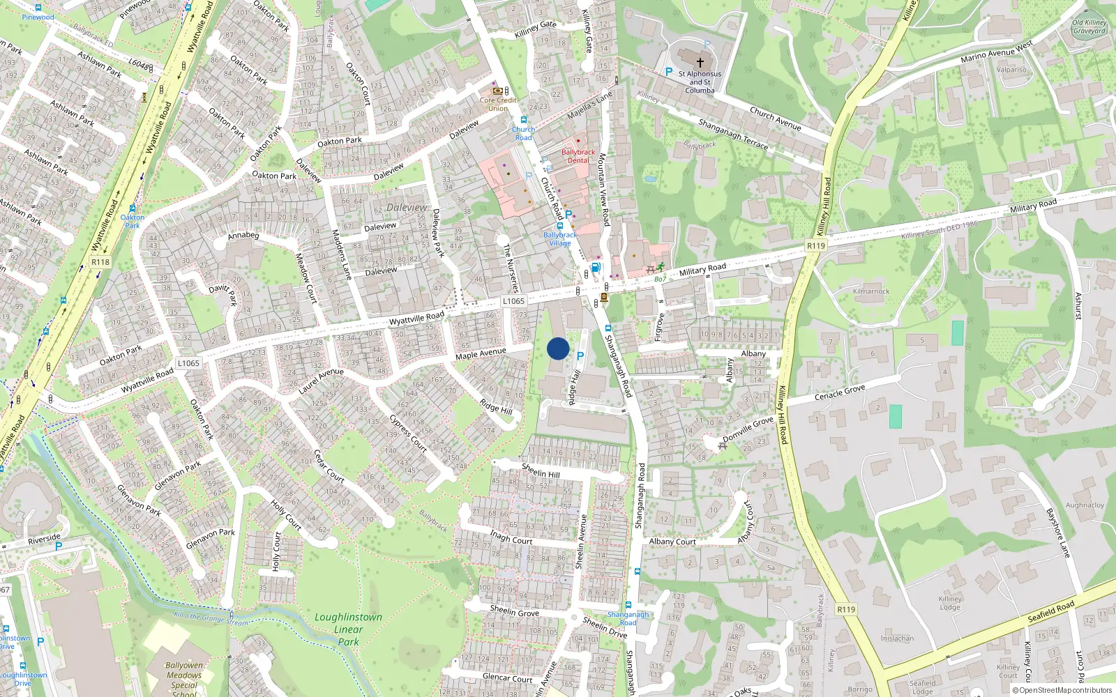 Overhead map showing the location of Apt 63 Ridge Hall, Shanganagh Road, Ballybrack