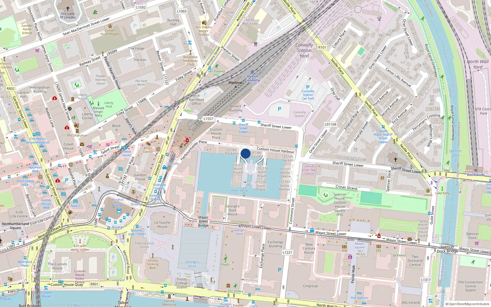Overhead map showing the location of Apt 64, Eagle Island, Custom House Harbour I F S C