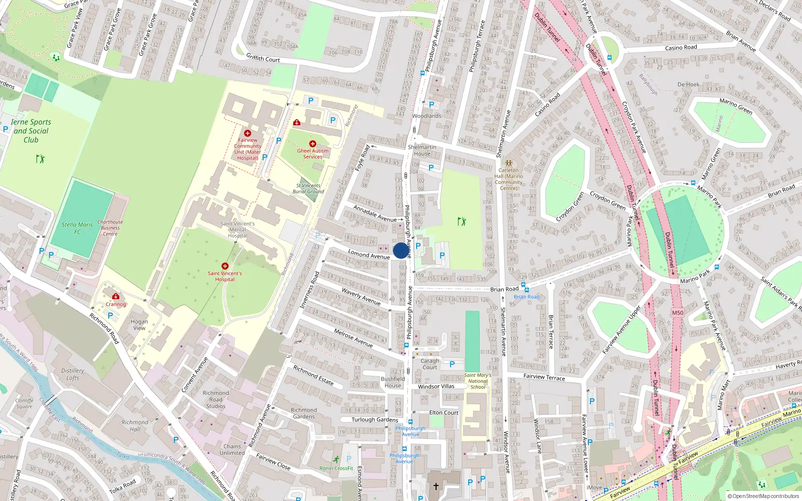 Overhead map showing the location of Apt 7, 107 Philipsburgh Avenue, Fairview Dublin 3