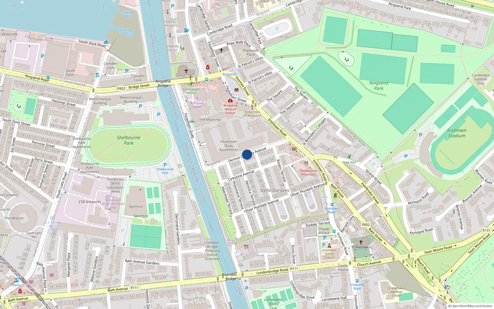 Overhead map showing the location of Apt 7 Block B the Bottleworks, Dermot O'Hurley Avenue, Ringsend