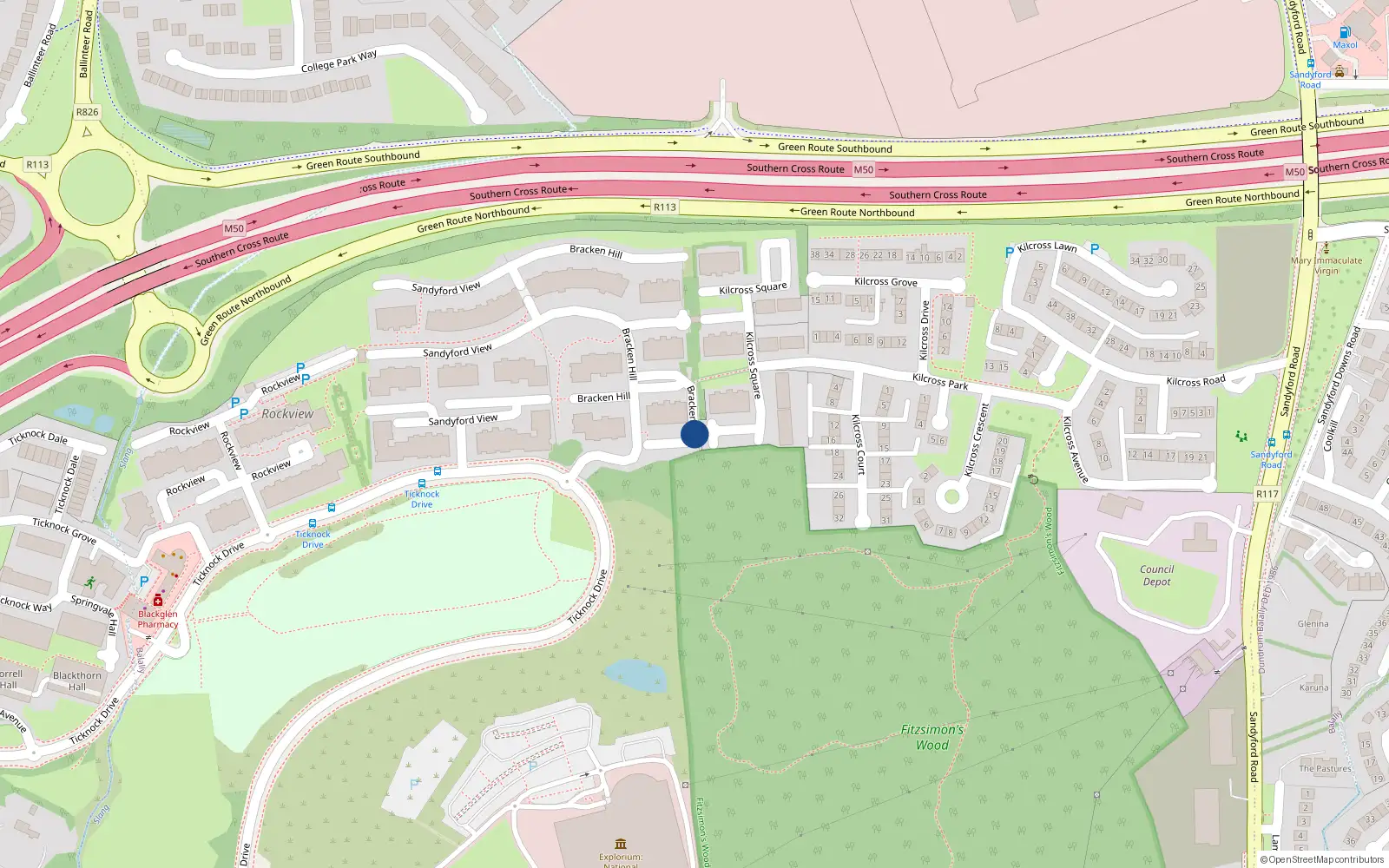 Overhead map showing the location of Apt 78 Block O Bracken Hill, Sandyford, 78 Bracken Hill, Dublin
