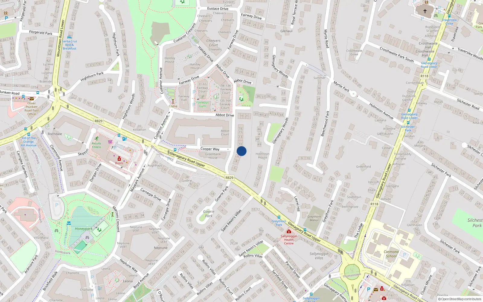 Overhead map showing the location of Apt 8 Abbot Court, Cualanor Upper Glenageary Road, 8 Abbot Drive, Cualanor