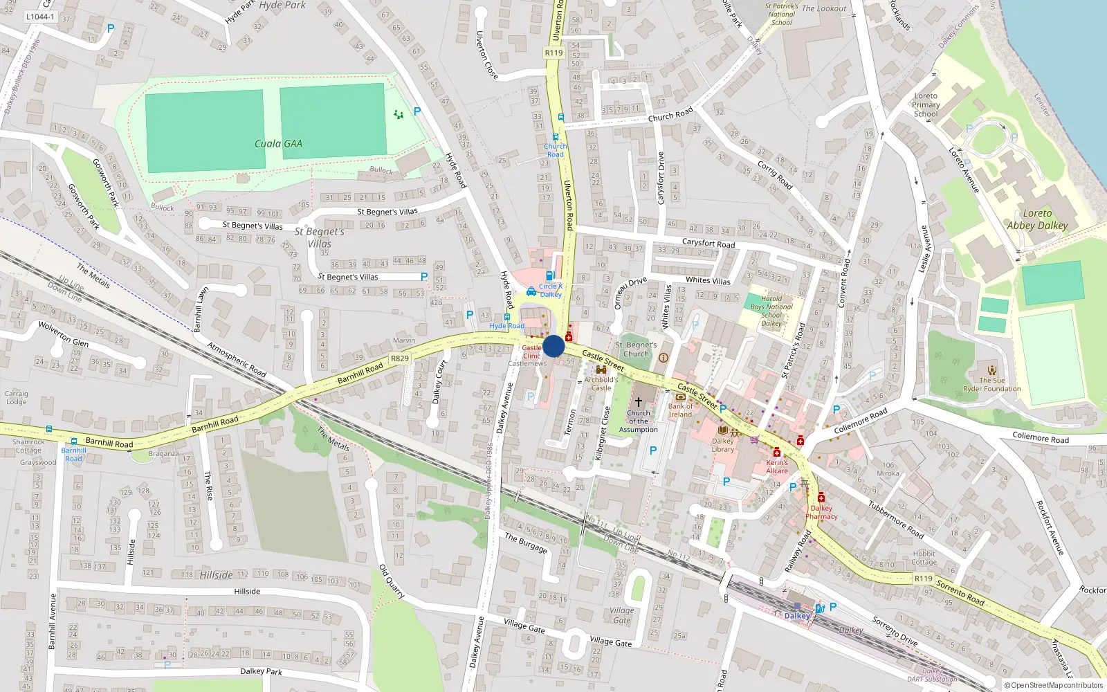 Overhead map showing the location of Apt 8 Castle Mews, 62 Castle Street, Dalkey