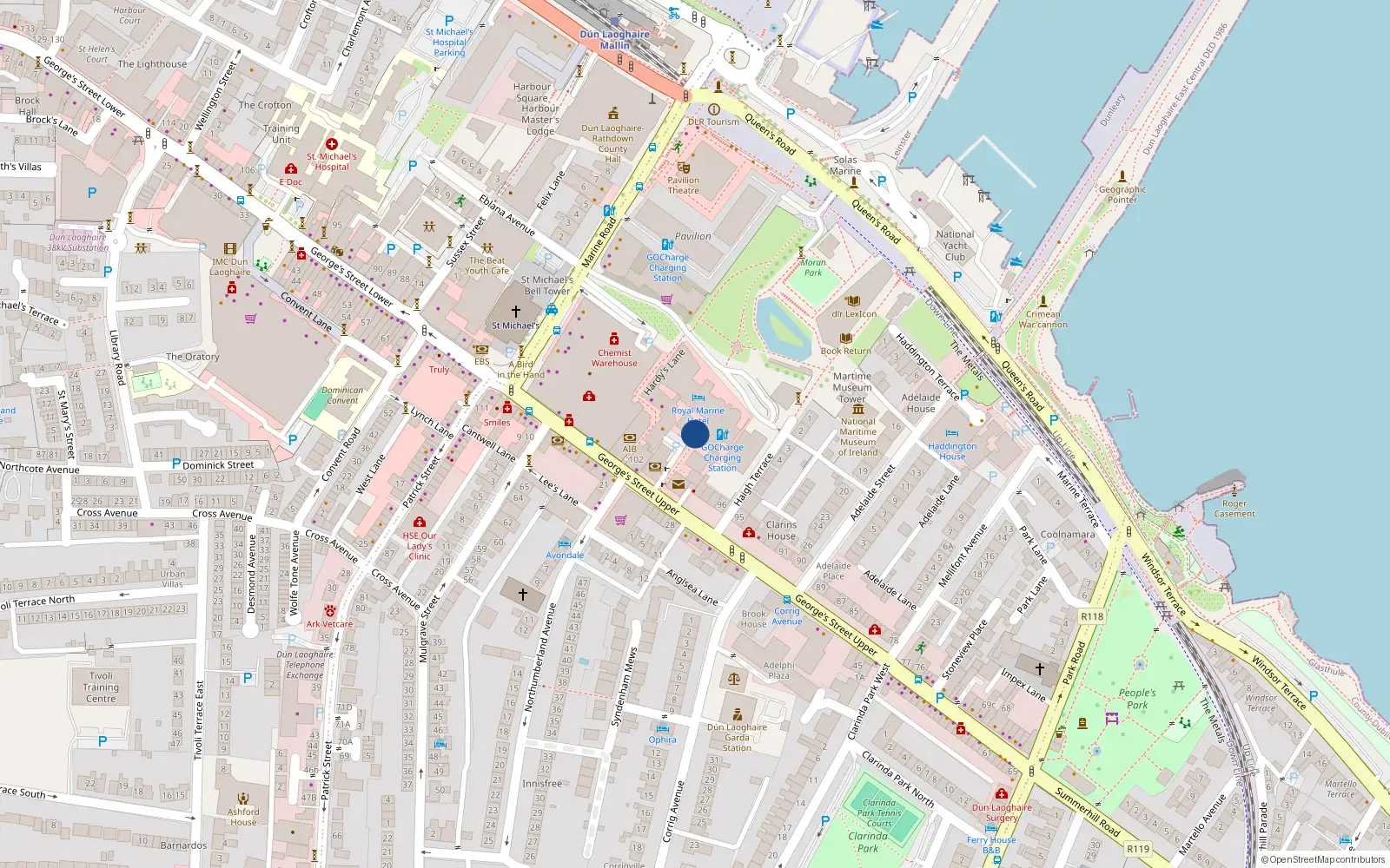 Overhead map showing the location of Apt 8 Century Court, Upr Georges St, Dunlaoghaire