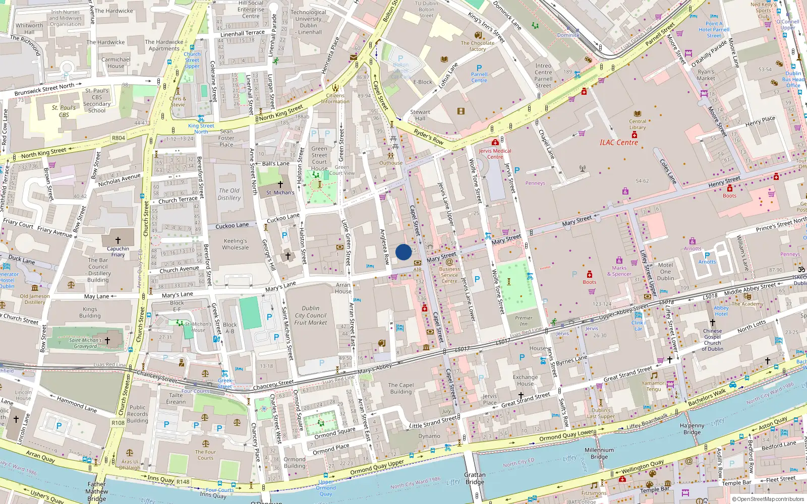 Overhead map showing the location of Apt 9, 124 Capel St, Dublin 1