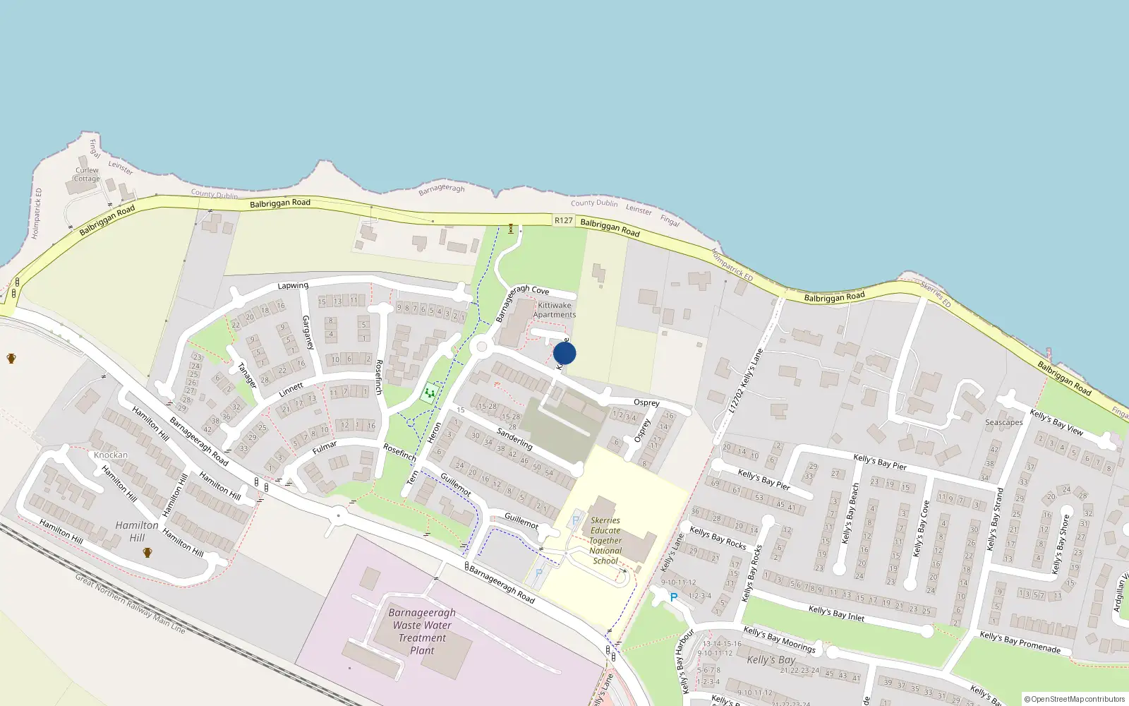 Overhead map showing the location of Apt 9 Block D1 Ground Floor, Kittiwake, Skerries