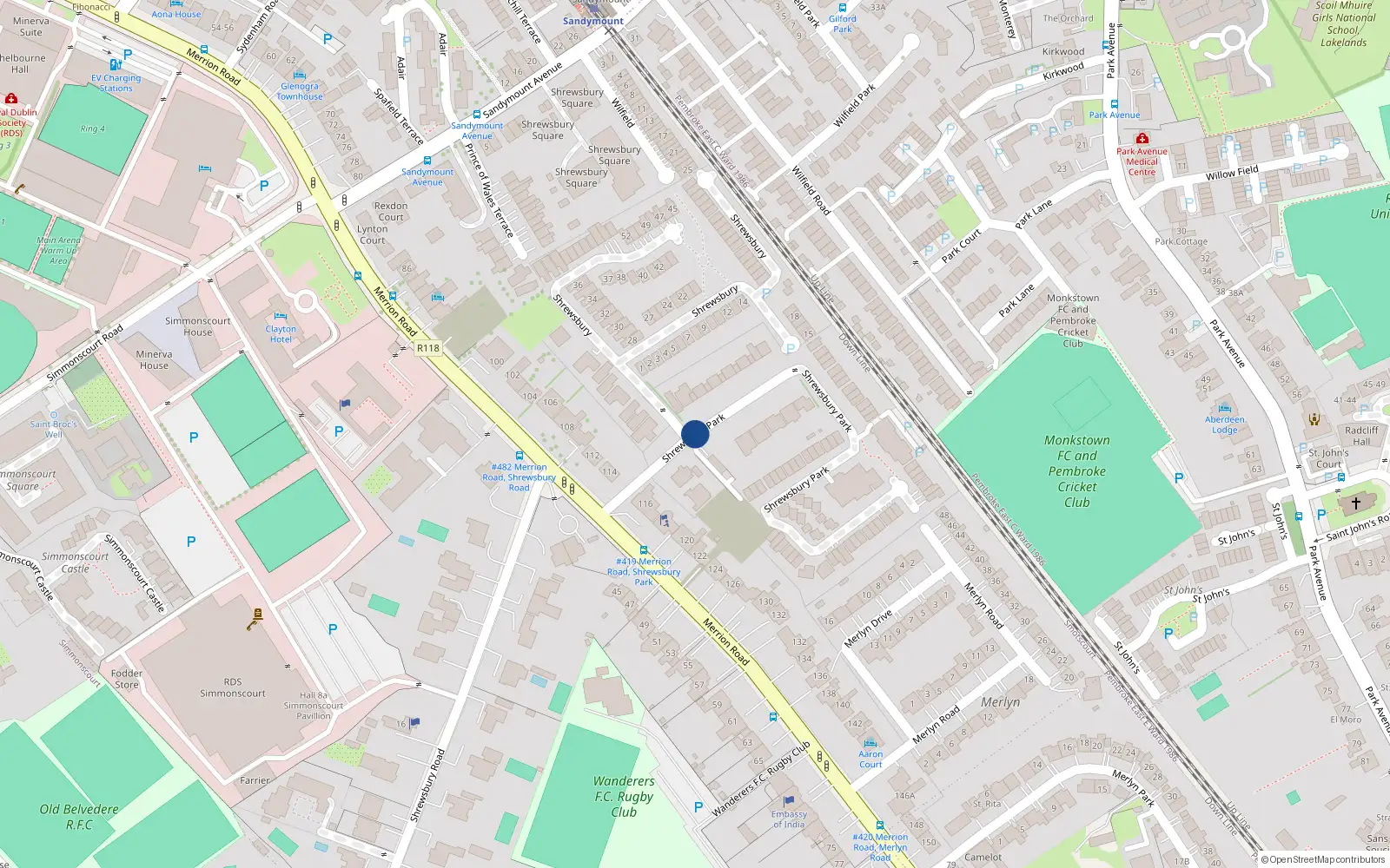 Overhead map showing the location of Apt 93, Shrewsbury Park, Ballsbridge