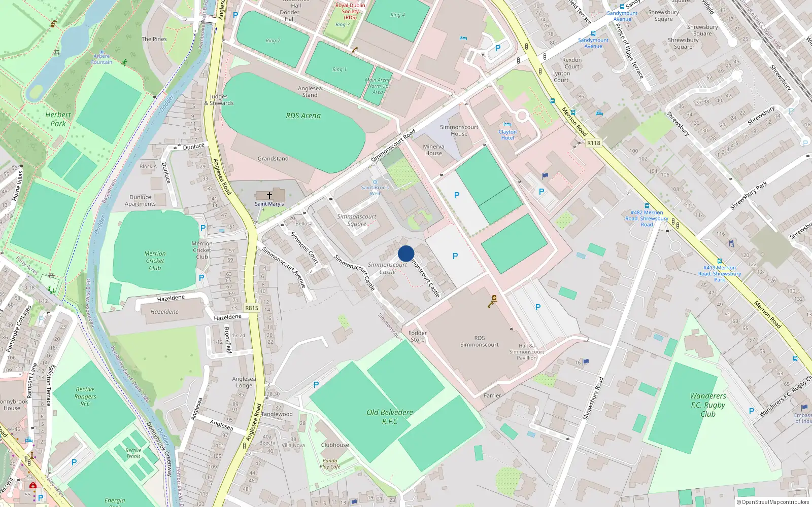 Overhead map showing the location of Apt. B, Simmonscourt Castle, Ballsbridge