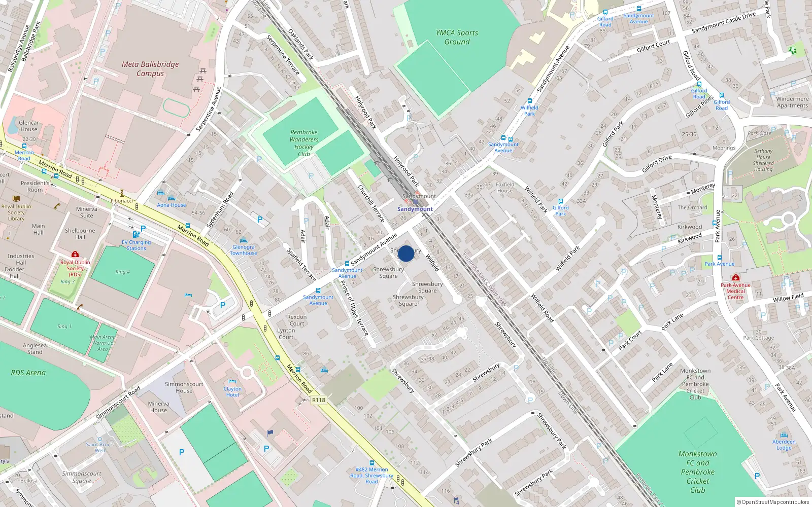 Overhead map showing the location of Apt. No. 3, Shrewsbury Square, Sandymount Avenue Dublin 4