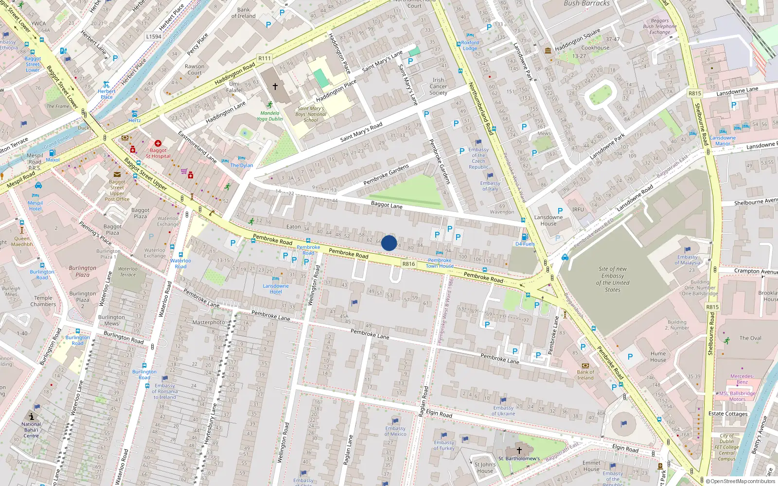 Overhead map showing the location of Apt One, 70 Pembroke Road, Ballsbridge