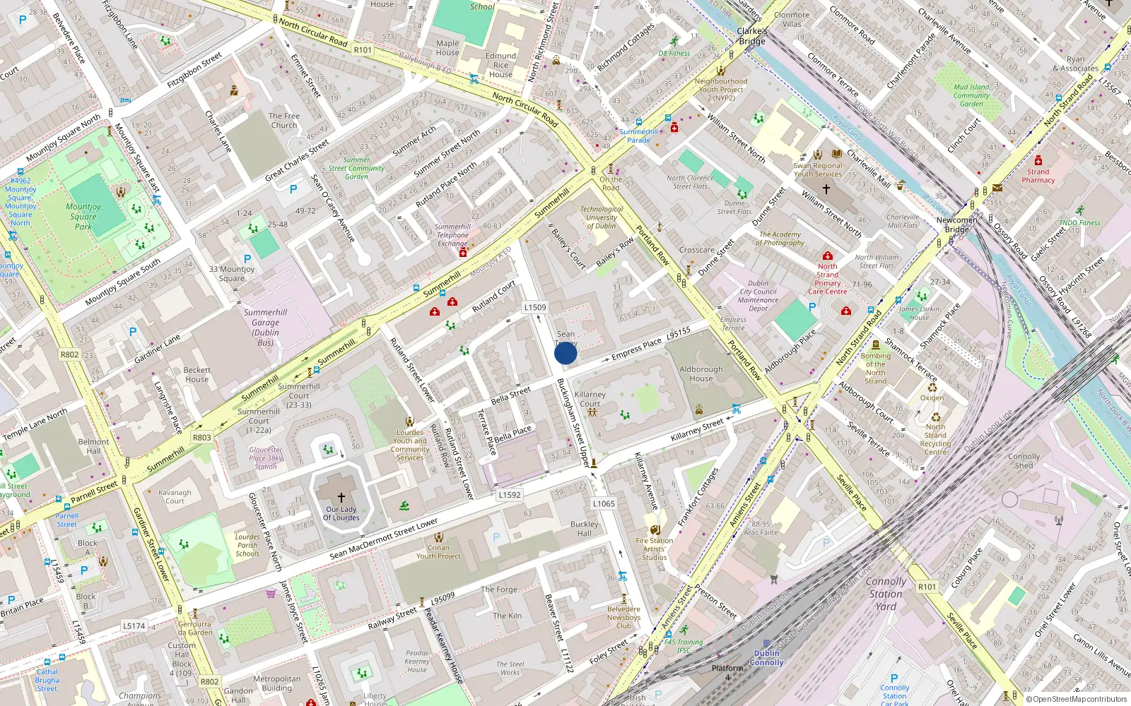 Overhead map showing the location of Apt.95 - Buckingham Village, 49 Buckingham Street Upper, Dublin 1