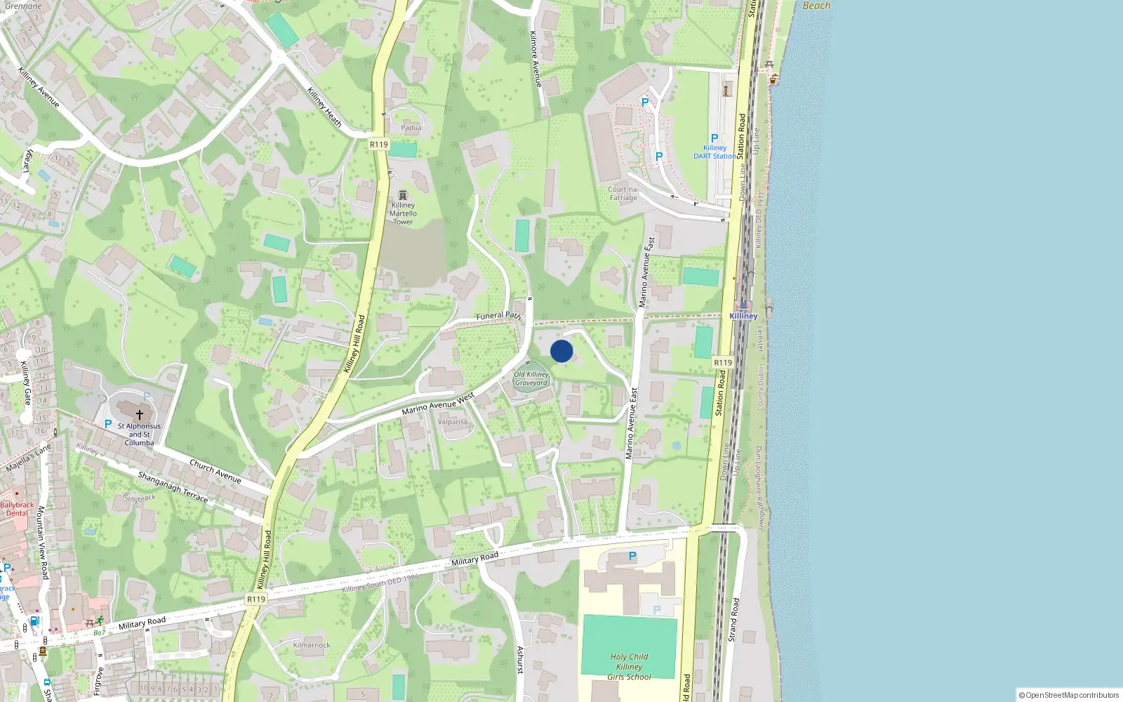Overhead map showing the location of Marino Avenue East, Killiney