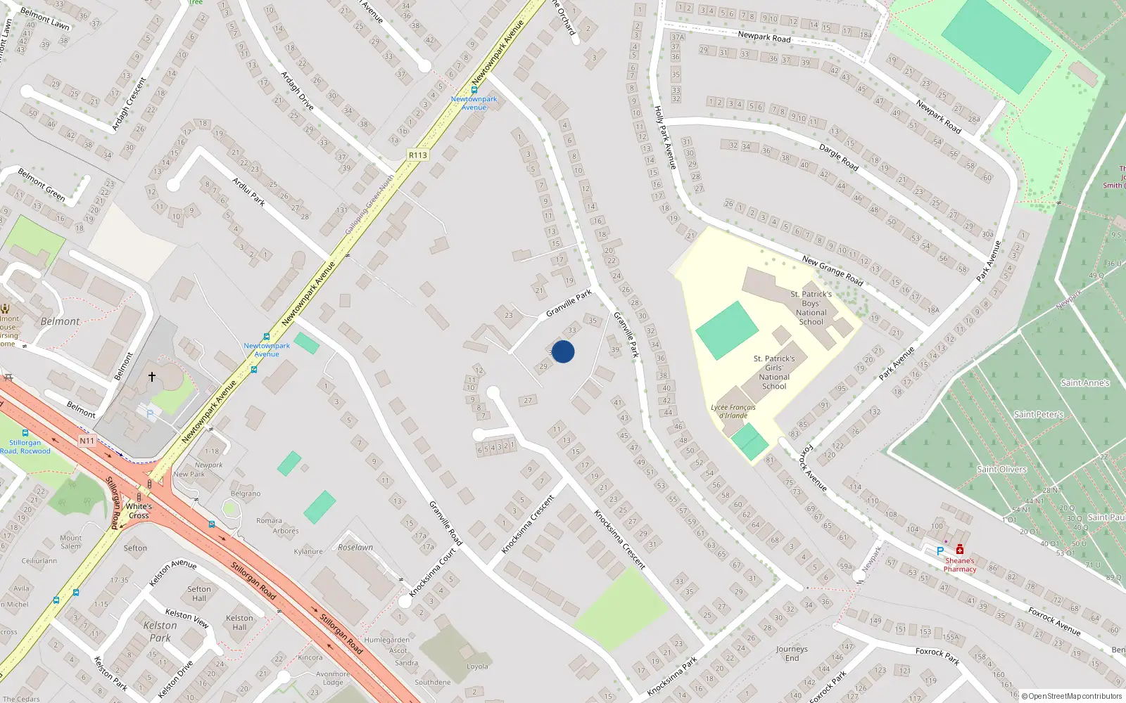 Overhead map showing the location of Ard Mór, 31 Granville Park, Blackrock