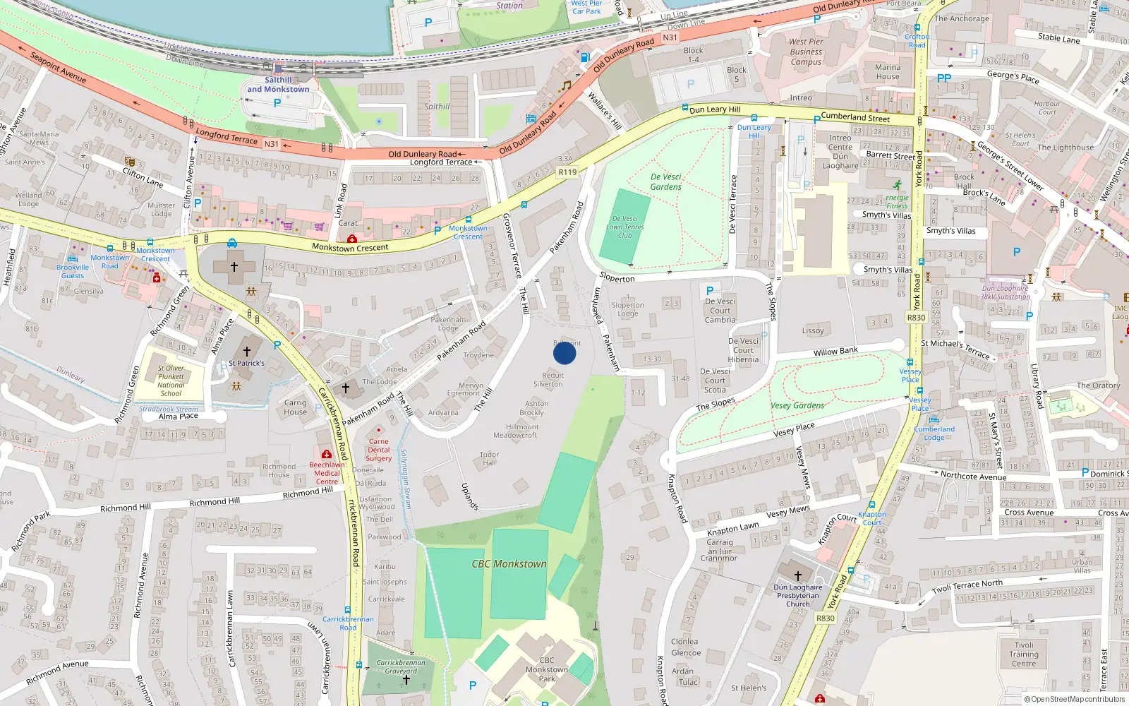 Overhead map showing the location of The Hill, Monkstown