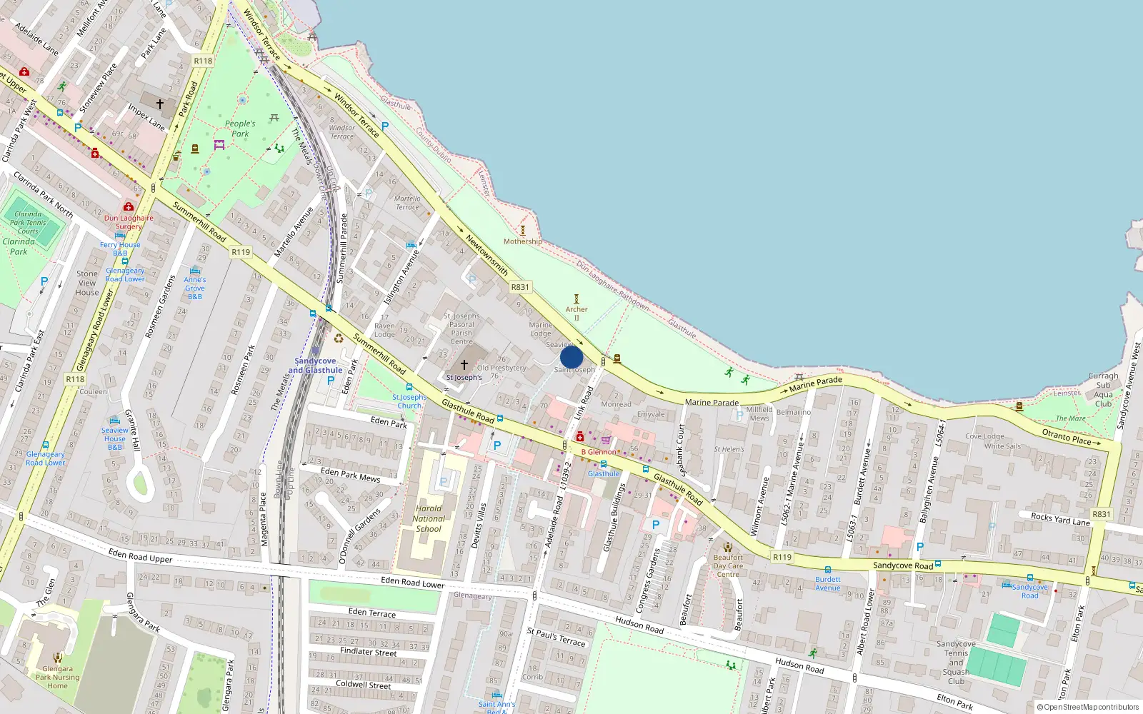 Overhead map showing the location of 15 Newtownsmith, Sandycove