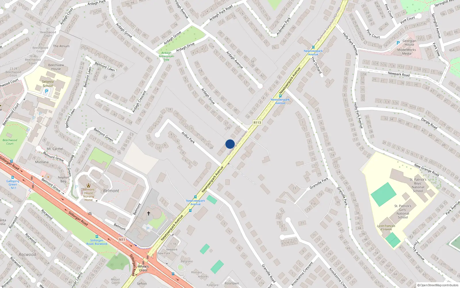 Overhead map showing the location of Galloping Green North, Dublin, Co. Dublin