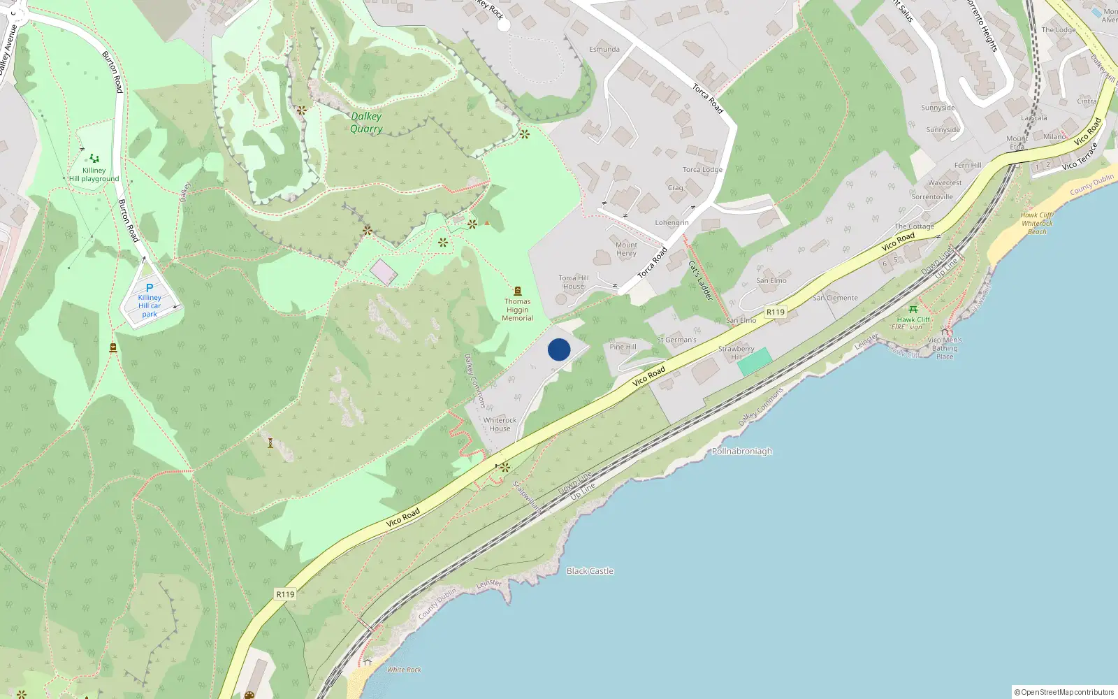 Overhead map showing the location of Vico Road, Killiney