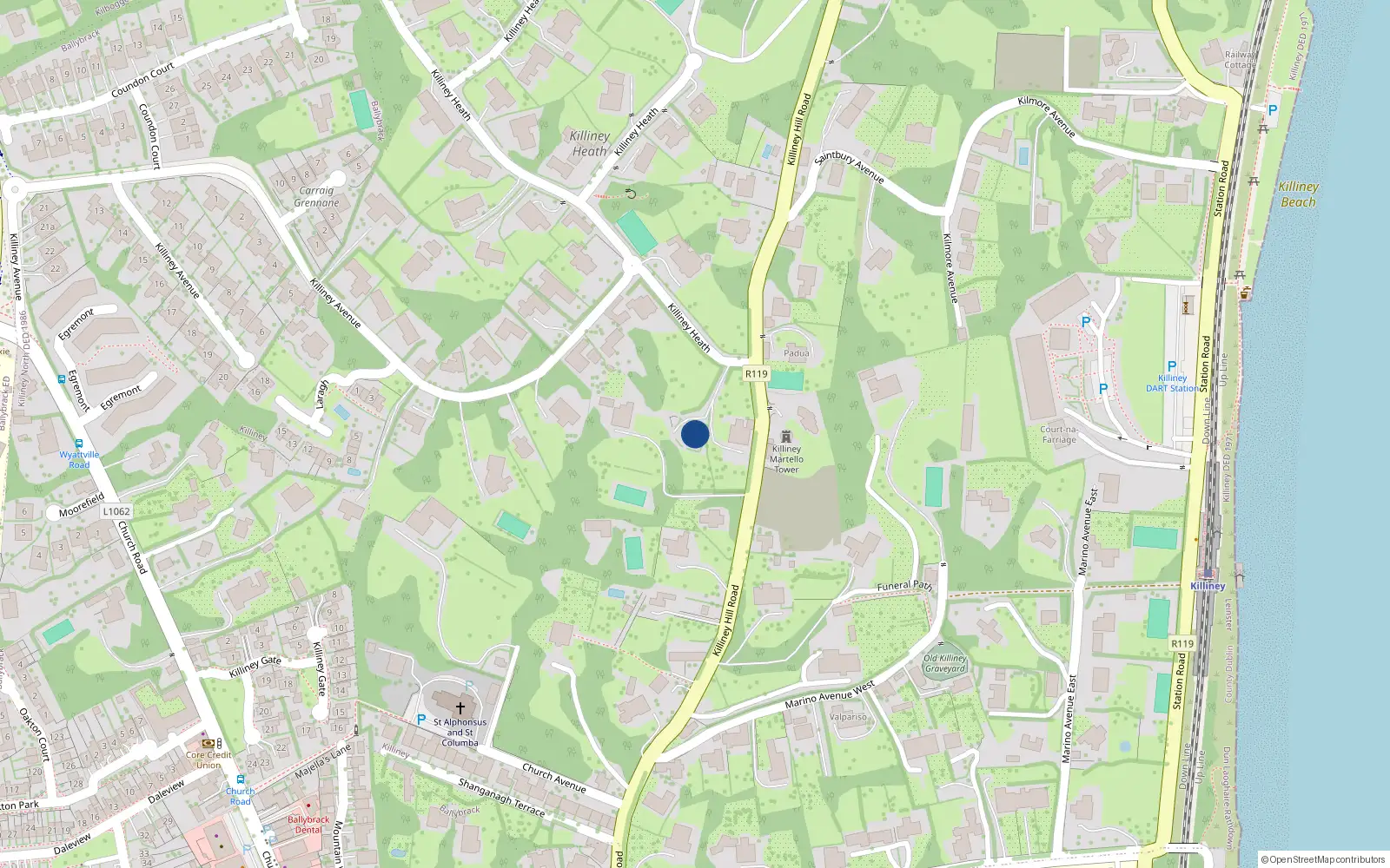 Overhead map showing the location of Killiney Hill Road, Killiney
