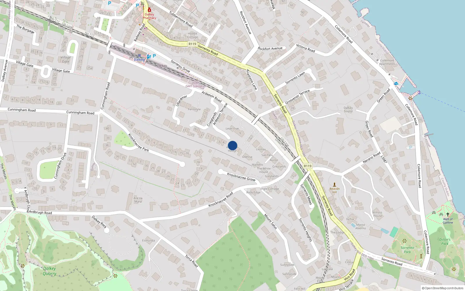 Overhead map showing the location of Ardeevin Road, Dalkey