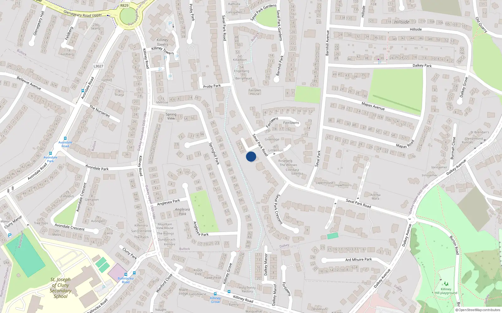 Overhead map showing the location of Saval Park Road, Dalkey