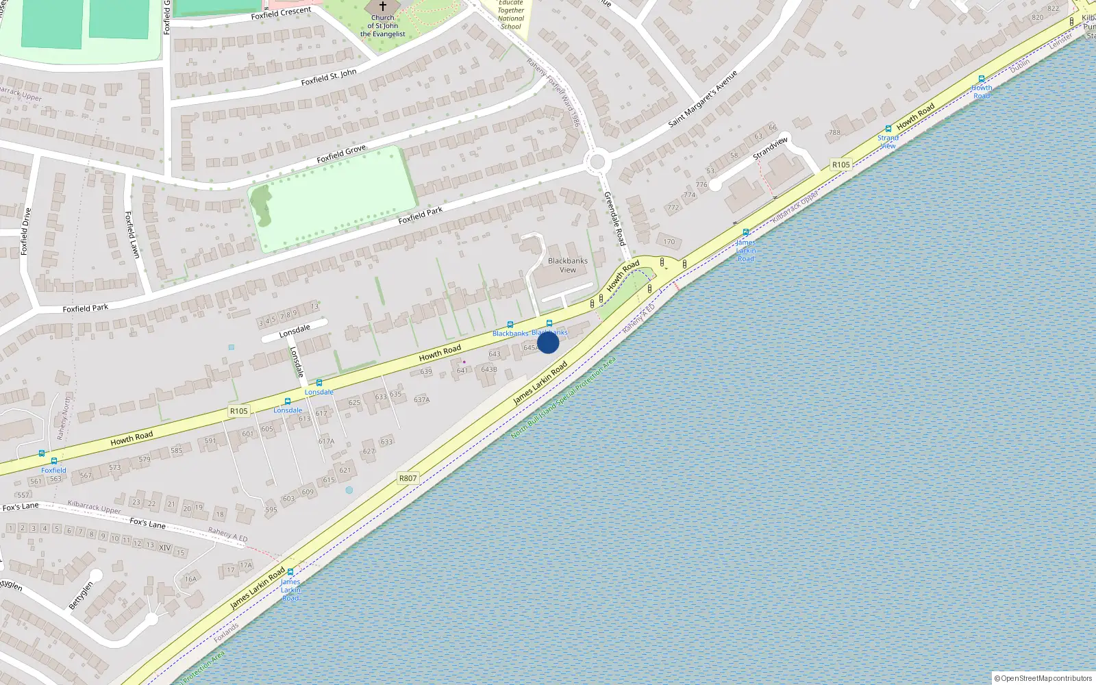 Overhead map showing the location of Ardfield, 647A Blackbank, Howth Road Dublin 5