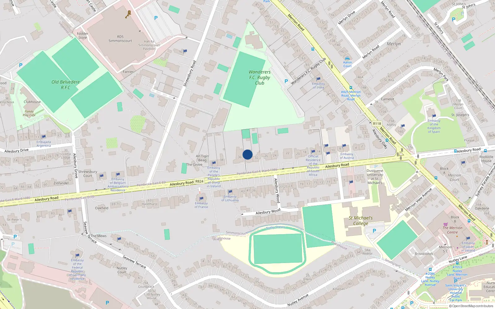 Overhead map showing the location of 34 Ailesbury Road, Simmonscourt