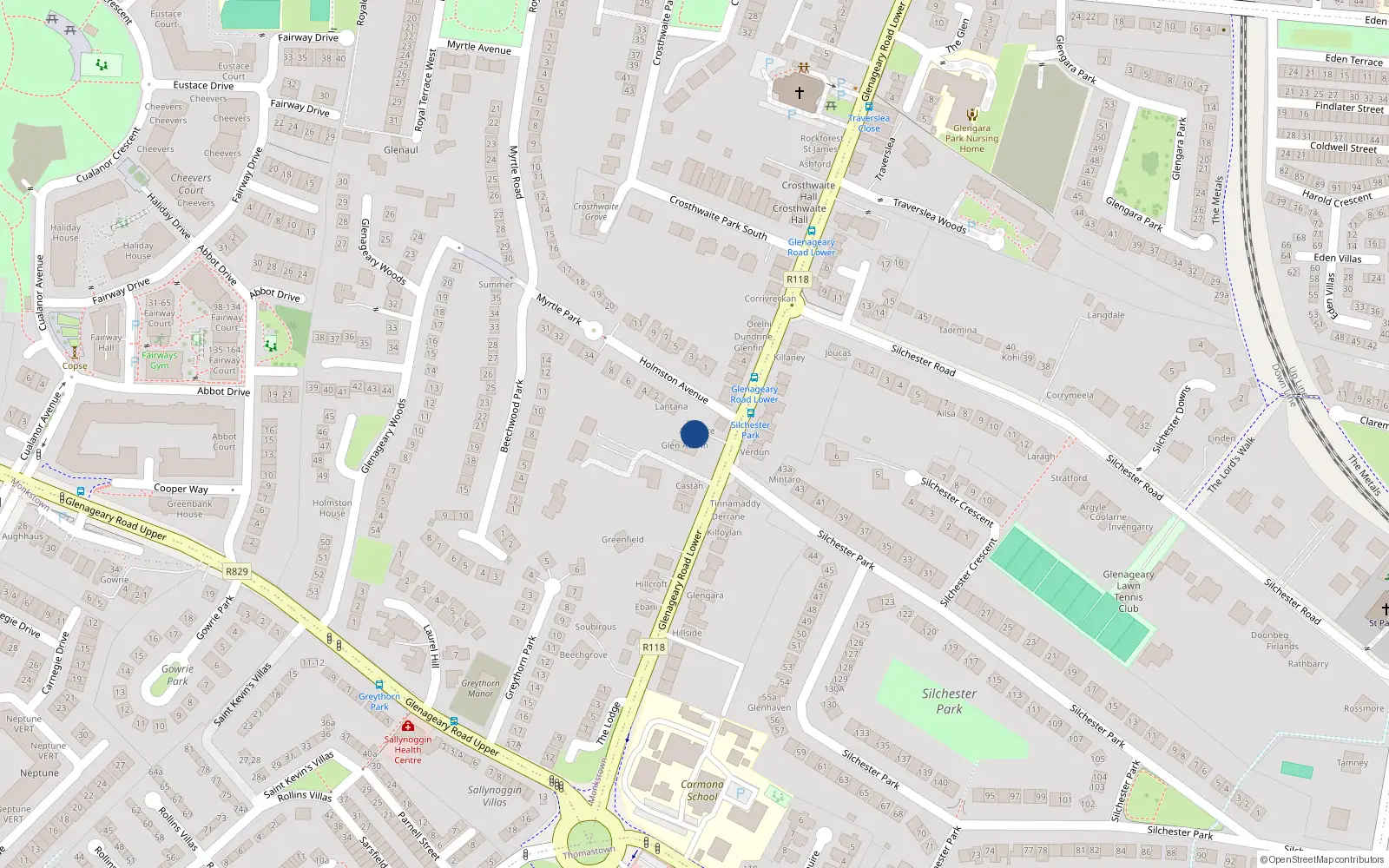 Overhead map showing the location of Glenageary Road Lower, Dun Laoghaire
