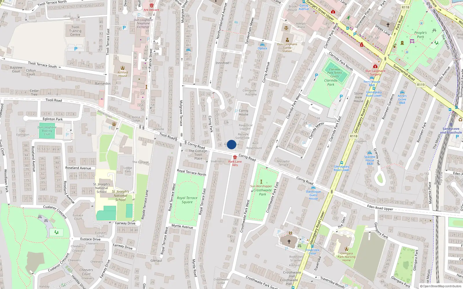 Overhead map showing the location of Corrig Road, Dun Laoghaire